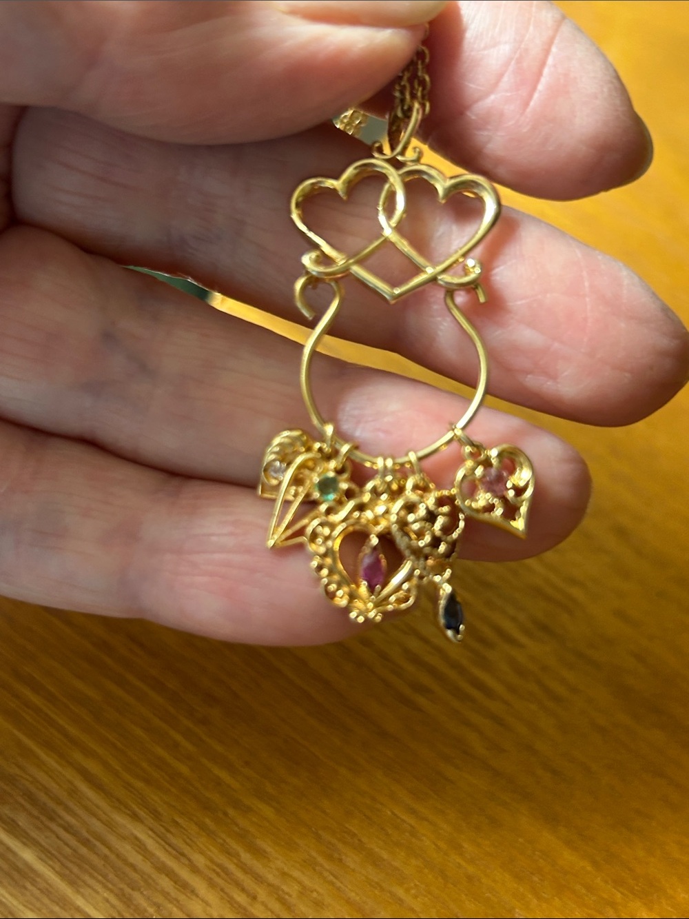 14 carat, gold stamped Heart Charm Pendant with Multicolor Gem Accents